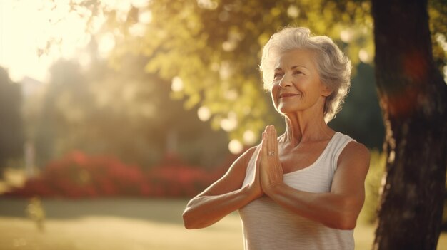 Foto donna anziana che fa yoga nel parco ritratto di una signora anziana che mette le palme insieme