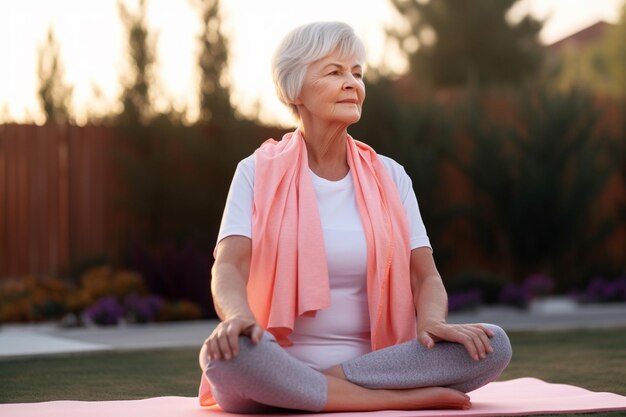 senior woman doing yoga in the park