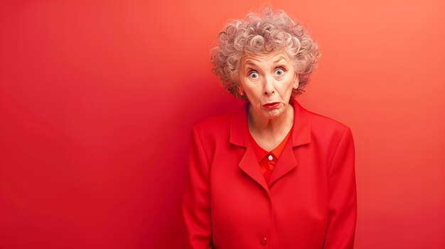 Senior woman dressed in red with surprised face on red gradient backgroundxAxAxAxAxA