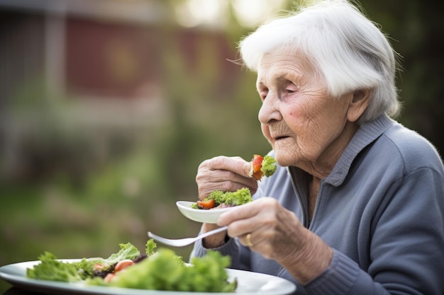 A senior woman eating a salad created with generative ai | Premium  AI-generated image