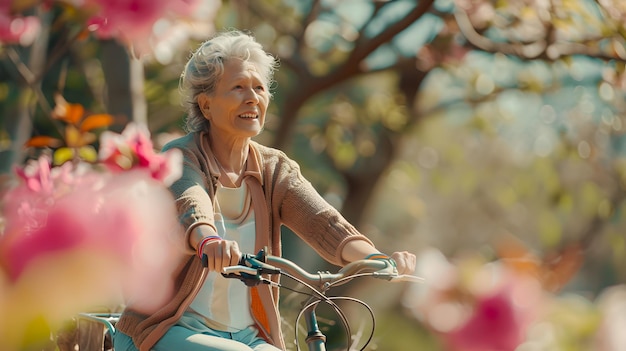 麗な公園で自転車に乗る高齢女性喜びと自由を体験する健康的なライフスタイルと活発な高齢化コンセプトが晴れた日に捉えられたAI