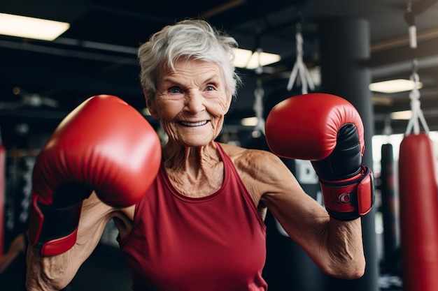 Senior woman exhibiting strength and resilience as a boxer