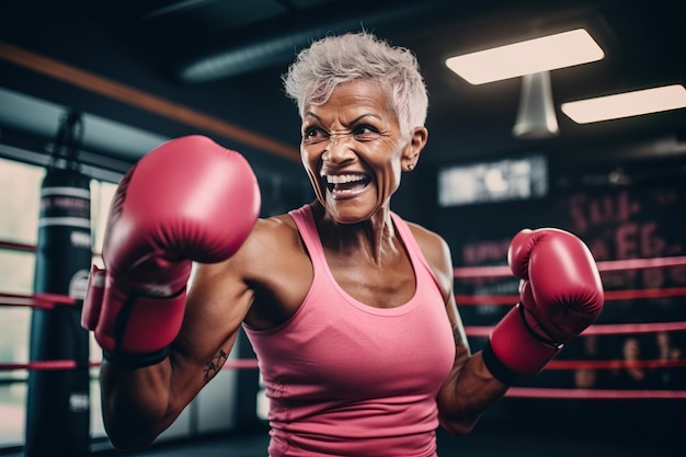 Senior woman exhibiting strength and resilience as a boxer