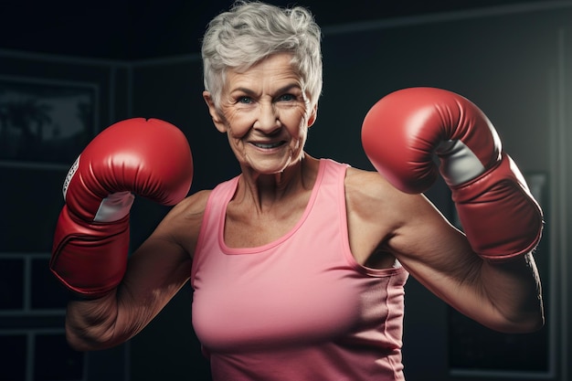 Senior woman exhibiting strength and resilience as a boxer