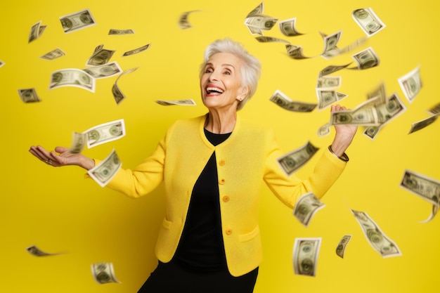 Senior woman and flying money on studio yellow background