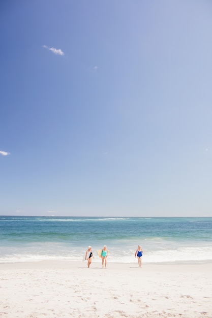 Senior woman friends holding surfboard