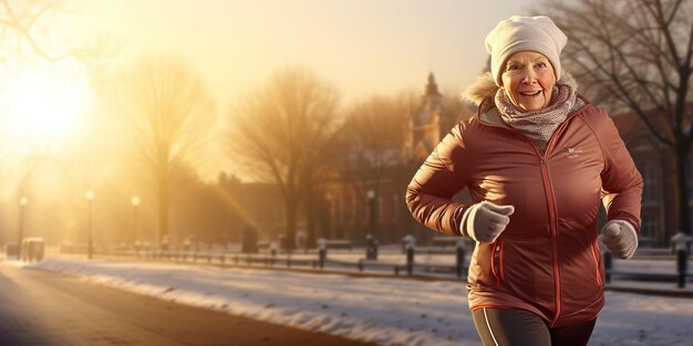 Senior woman going for a run Woman runs in the winter High quality photo