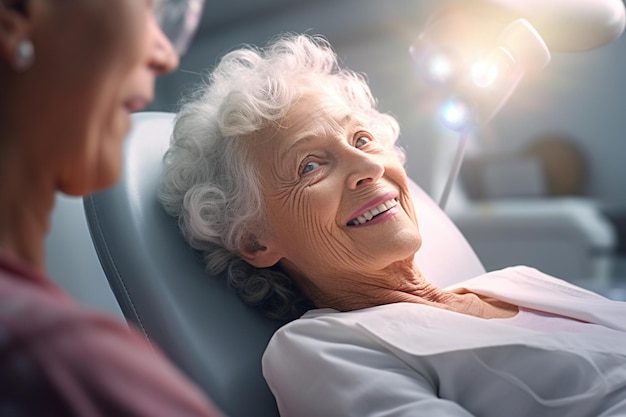 A senior woman happily goes to the dentist for a dental checkup at the clinic