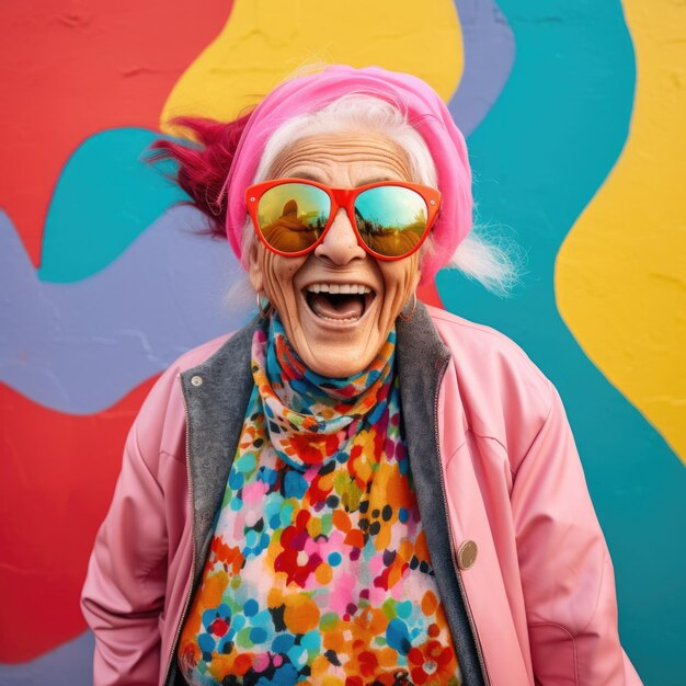 Foto espressione felice della donna senior contro il muro di graffiti colorati grunge ai generato