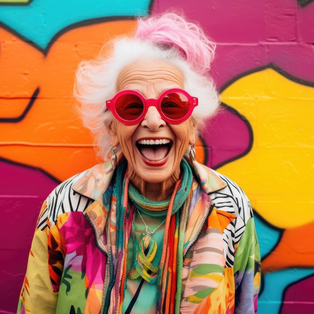 Senior woman happy expression against grunge colorful graffiti wall ai generated