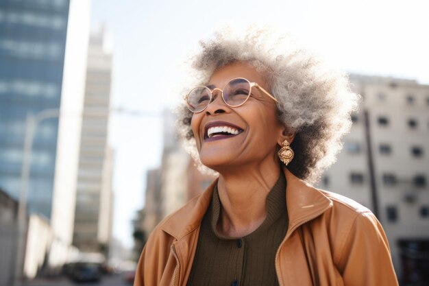 senior woman happy expression outdoors in a city ai generated