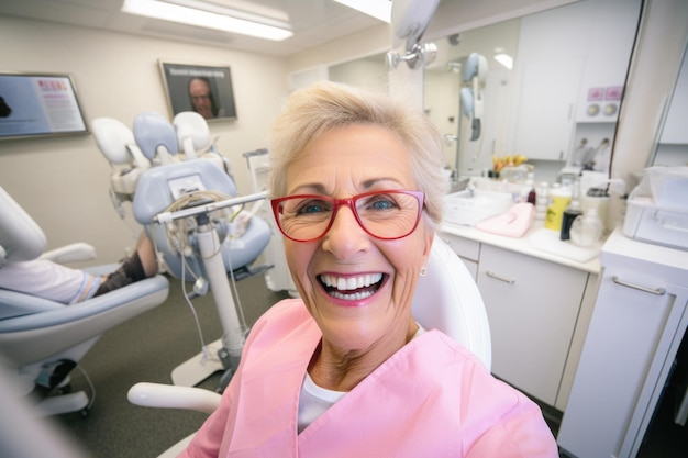 치과 진료소에서 행복하고 놀란 표정을 짓고 있는 고위 여성