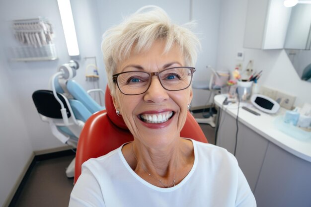 Foto donna anziana espressione felice e sorpresa in una clinica dentistica