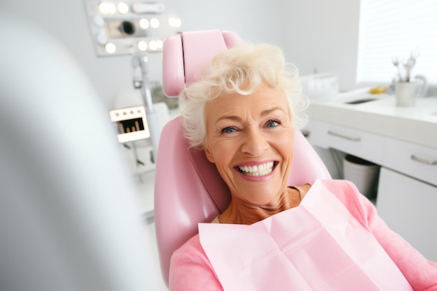 치과의사 클리닉에서 행복하고 놀라운 표정의 고위 여성