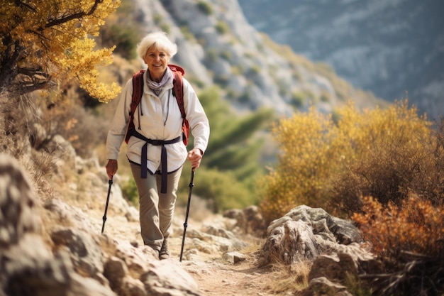 Senior woman hiking in the mountains with backpack and trekking poles