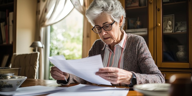 Senior woman holding paperwork filling out forms reading bills