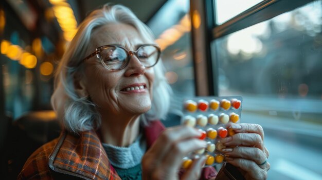 Photo senior woman holding pills in her hand