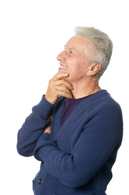 Senior woman at home on a white background