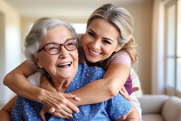 Senior woman hug or medical caregiver in house living room in comfort trust support or security bond Smile happy or laughing nursing home retirement elderly and healthcare Brazilian nurse or help