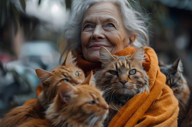 Photo senior woman hugging her cats with a satisfied face concept animals pets retirement