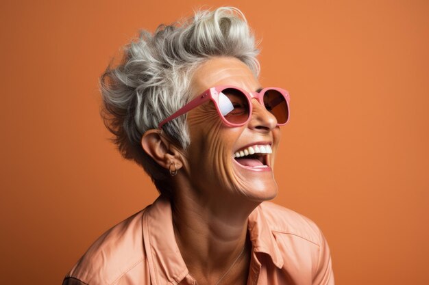 Photo senior woman laughing heartily isolated on a burnt sienna gradient background