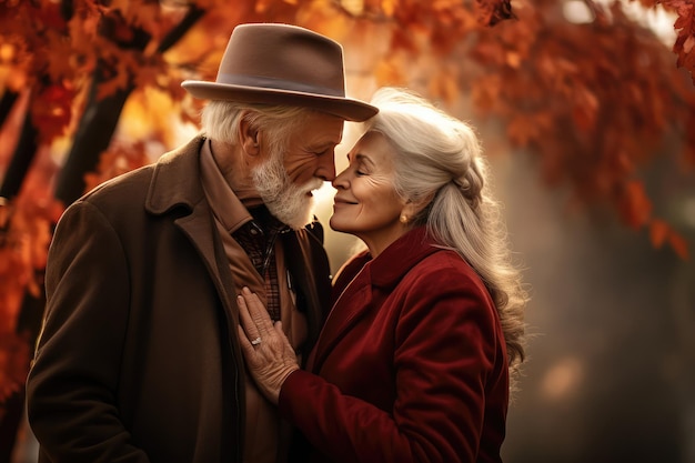Старшая женщина и мужчина обнимаются и целуются.