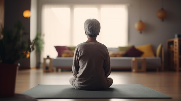 Senior woman meditating at home Generative Ai