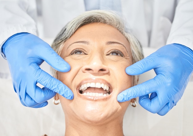 senior woman mouth and dentist hands with dental procedure medical and healthcare with closeup oral health orthodontics and patient with doctor teeth whitening and veneers with assessment