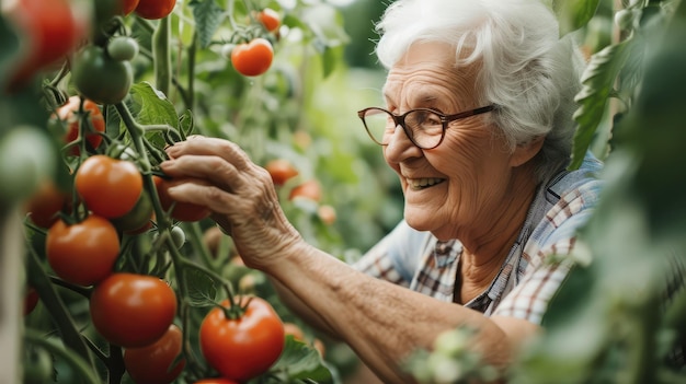 Senior woman picking tomatoes from vegetable garden