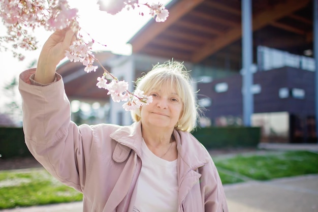 La donna anziana in cappotto rosa odora il ramo fiorito di sakura durante la sua passeggiata nel giardino primaverile