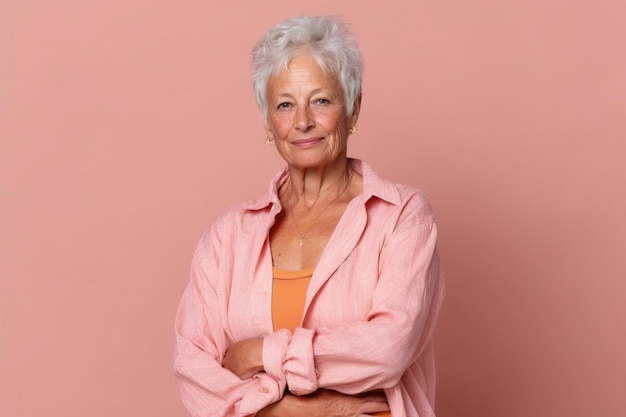 Senior woman posing in front a pink seamless background