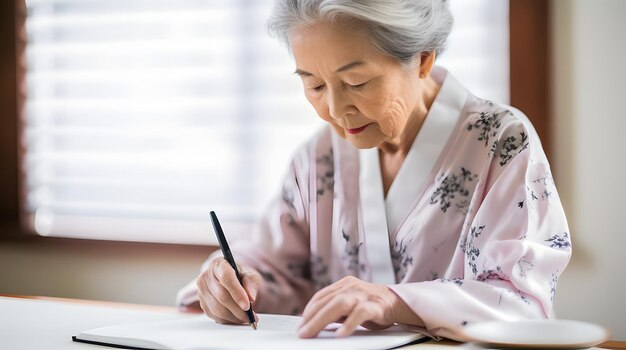Senior woman practicing calligraphy in a quiet home studio