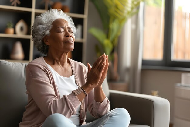 平和 な 家庭 で 瞑想 を 行なっ て いる 高齢 の 女性