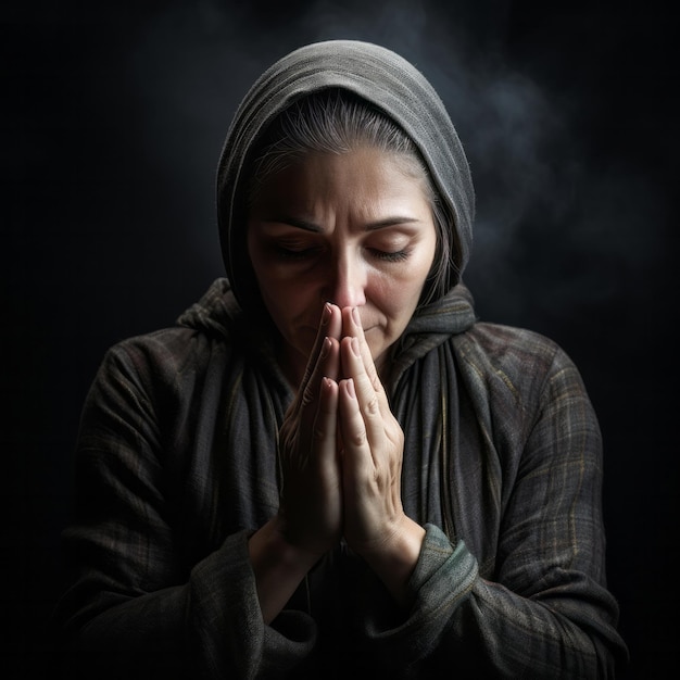 Senior woman in prayer hands folded on black backdrop religion concept