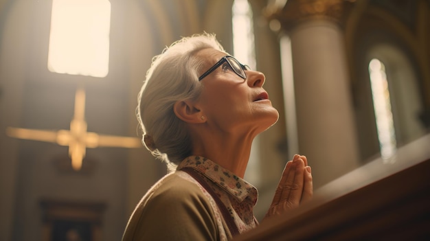 A senior woman prays in a church 1