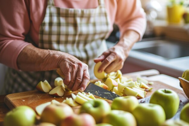 Photo senior woman preparing apples in kitchen for baking