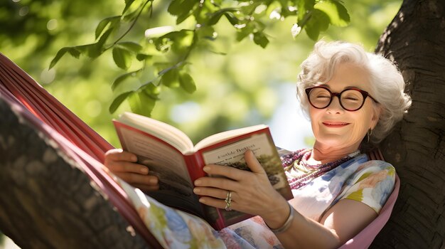 Senior woman reading a book in a hammock under a tree