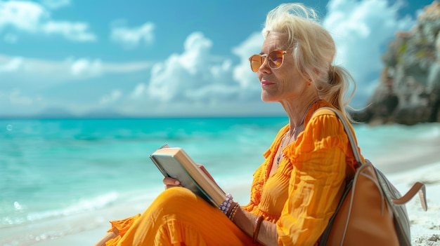 Senior woman reading book on tropical beach Travel and vacation concept