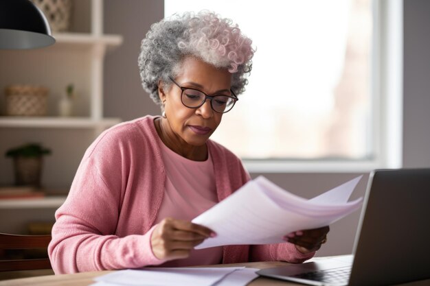 Старшая женщина рассматривает документы на ноутбуке Концепция опытной работы из дома