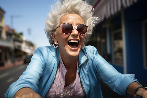 Senior woman riding a bike and having fun