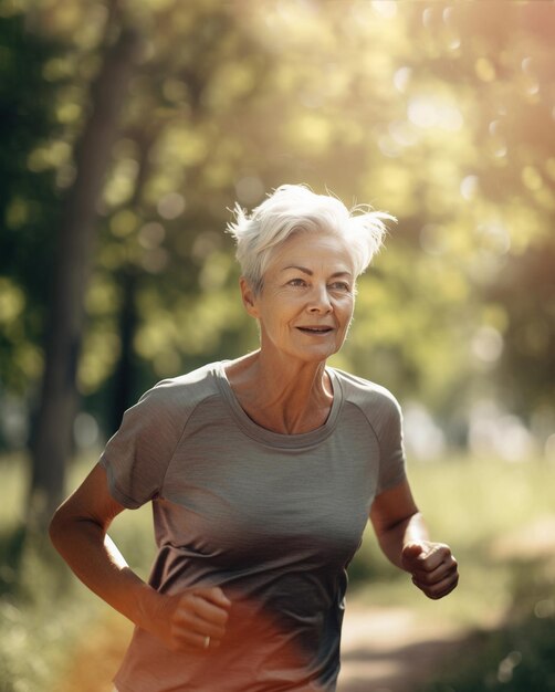 Foto una donna anziana corre in un parco con un albero sullo sfondo