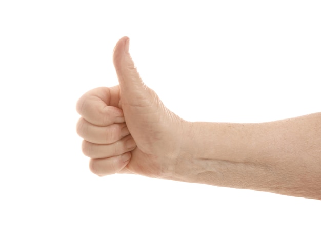 Senior woman's hand on white background