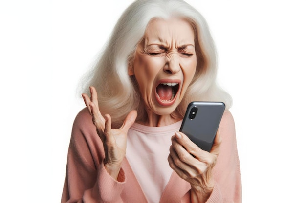 Photo a senior woman screams emotionally into her smartphone isolated on a white background