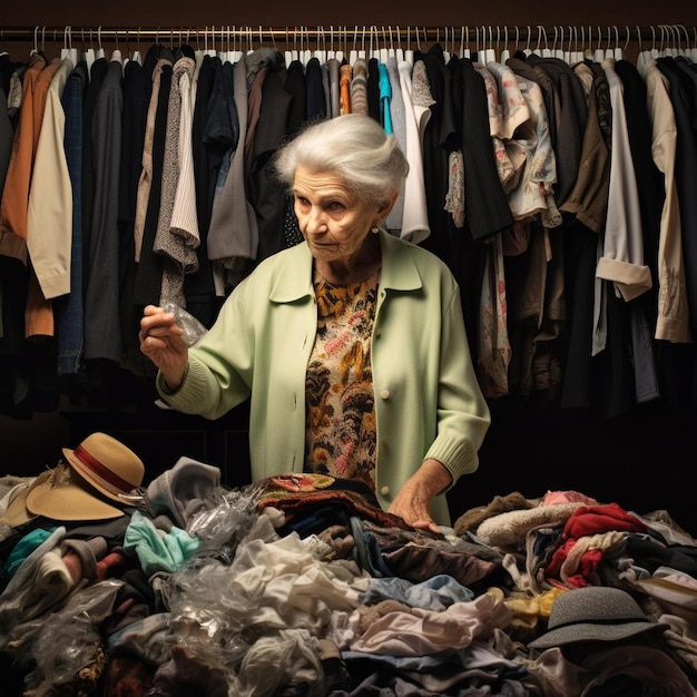Photo senior woman selects clothes