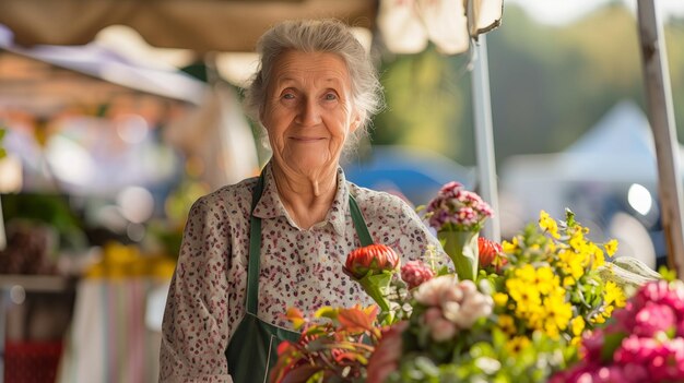 高齢の女性は活発な市場店で花を売っています