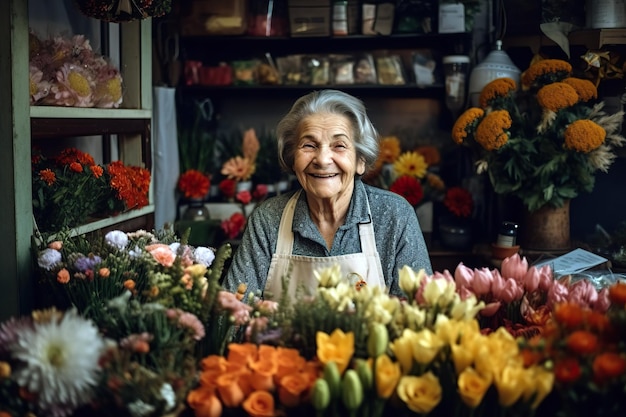 A senior woman shopkeeper tending her flower stall at a flea market Ai generated