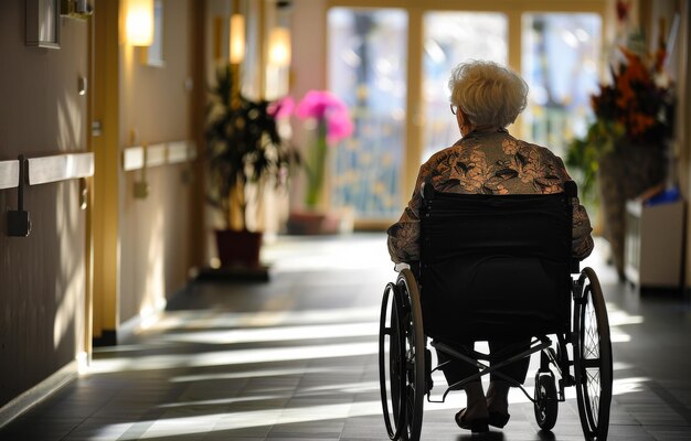 Пожилая женщина сидит в инвалидном кресле в коридоре дома престарелых Правительство контролирует пенсионные программы