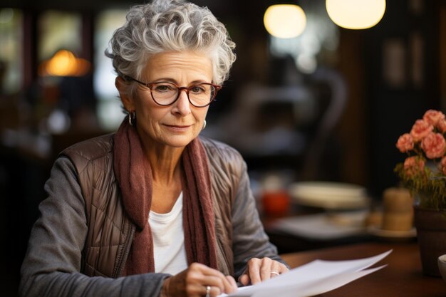 Senior woman sitting by the table and checking paper documentation created with generative AI