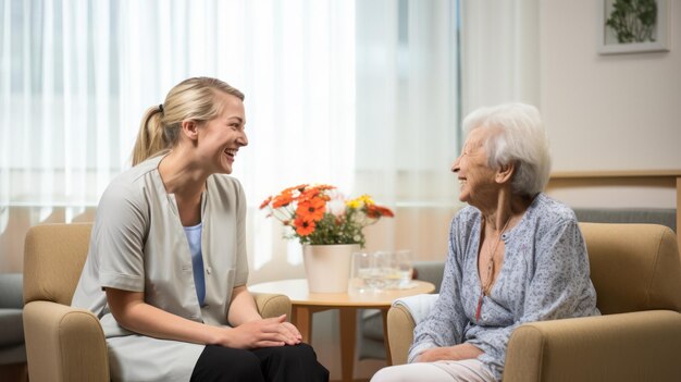 Senior Woman Sitting In Chair And Talking With Nurse In Retirement Home