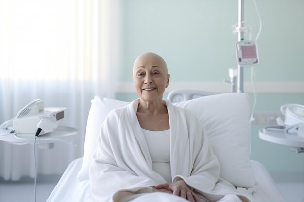 Foto donna anziana seduta in una stanza d'ospedale dopo la chemioterapia.